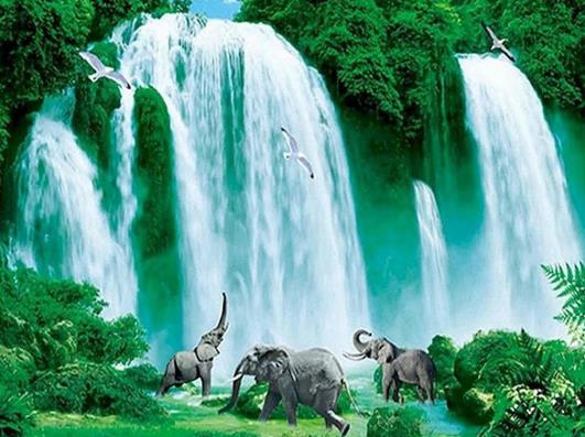Elephant Under The Waterfall | Diamond Painting