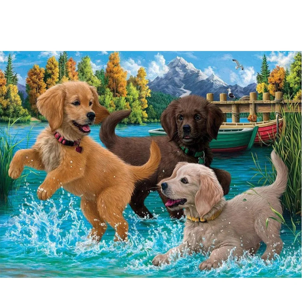 Black Chocolate Yellow Labrador Dog Is Playing | Diamond Painting