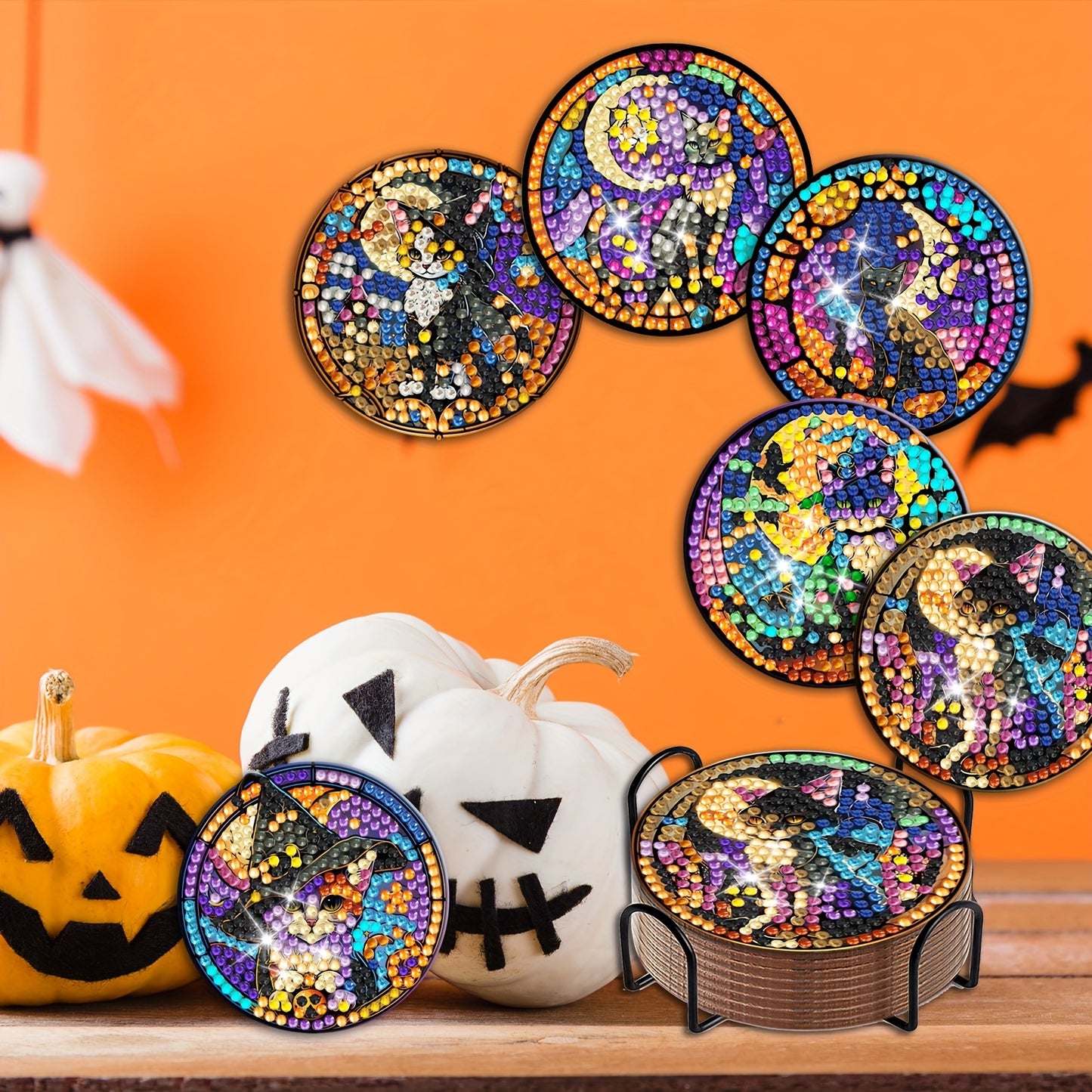 Diy 8pcs/set Cat Halloween  Diamond Painting Coasters with Holder