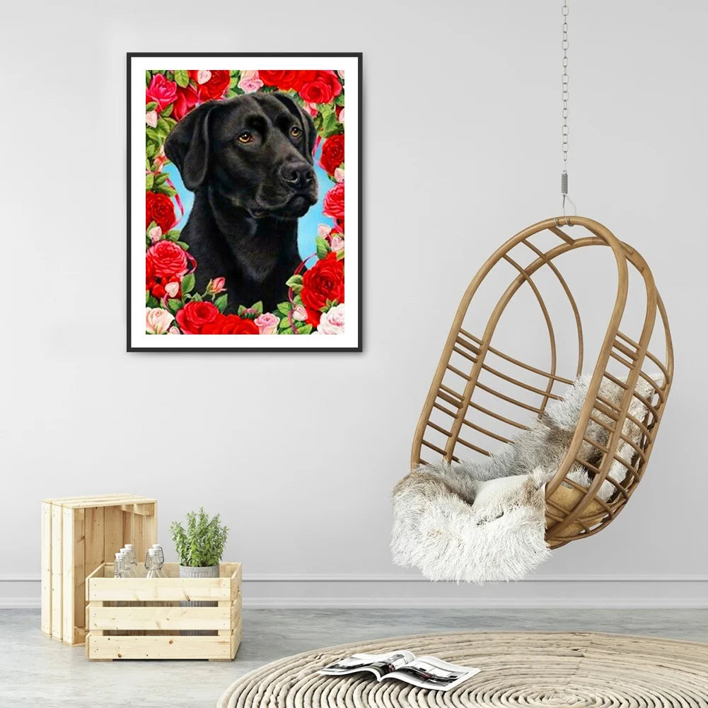 Flower Black Dog Labrador | Diamond Painting