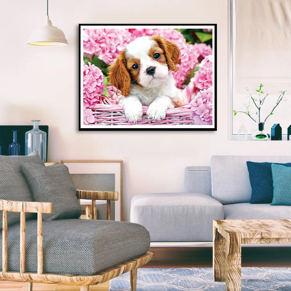 Pink Flower Dog | Diamond Painting