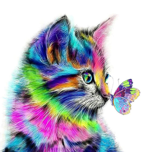 Colorful Cat with Butterfly | Diamond Painting
