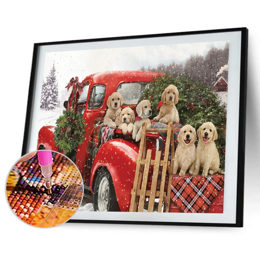 Red Car And Dogs Golden Retriever | Diamond Painting