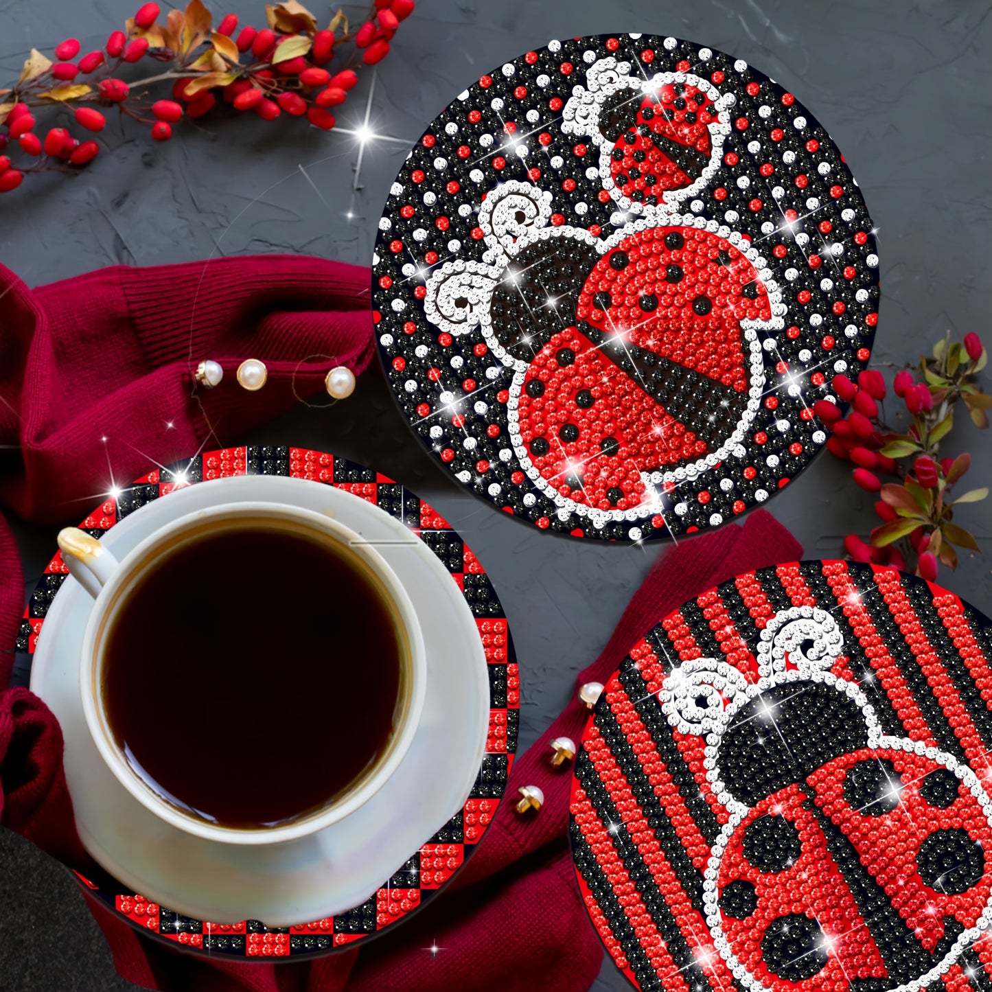 Diy 8pcs/set Ladybug Cartoon  Diamond Painting Coasters with Holder