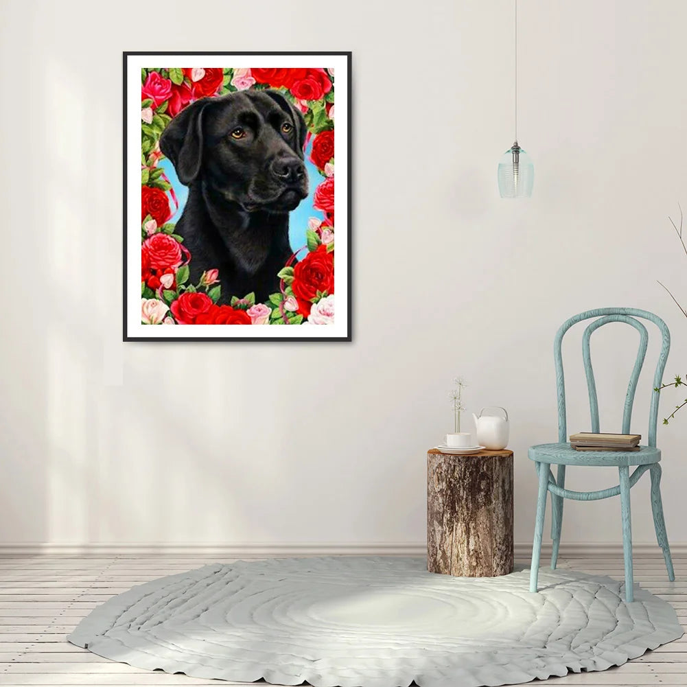 Flower Black Dog Labrador | Diamond Painting