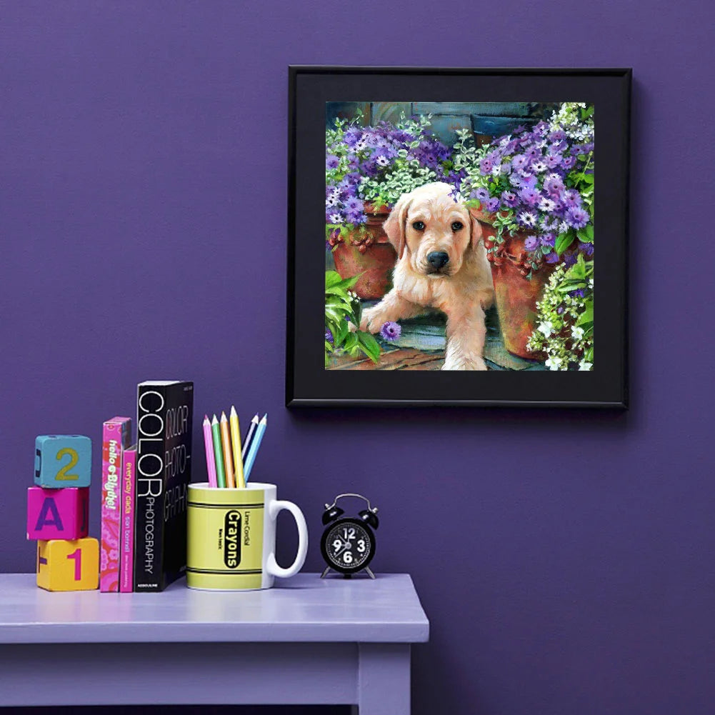 Purple Flower Dog Yellow Labrador | Diamond Painting