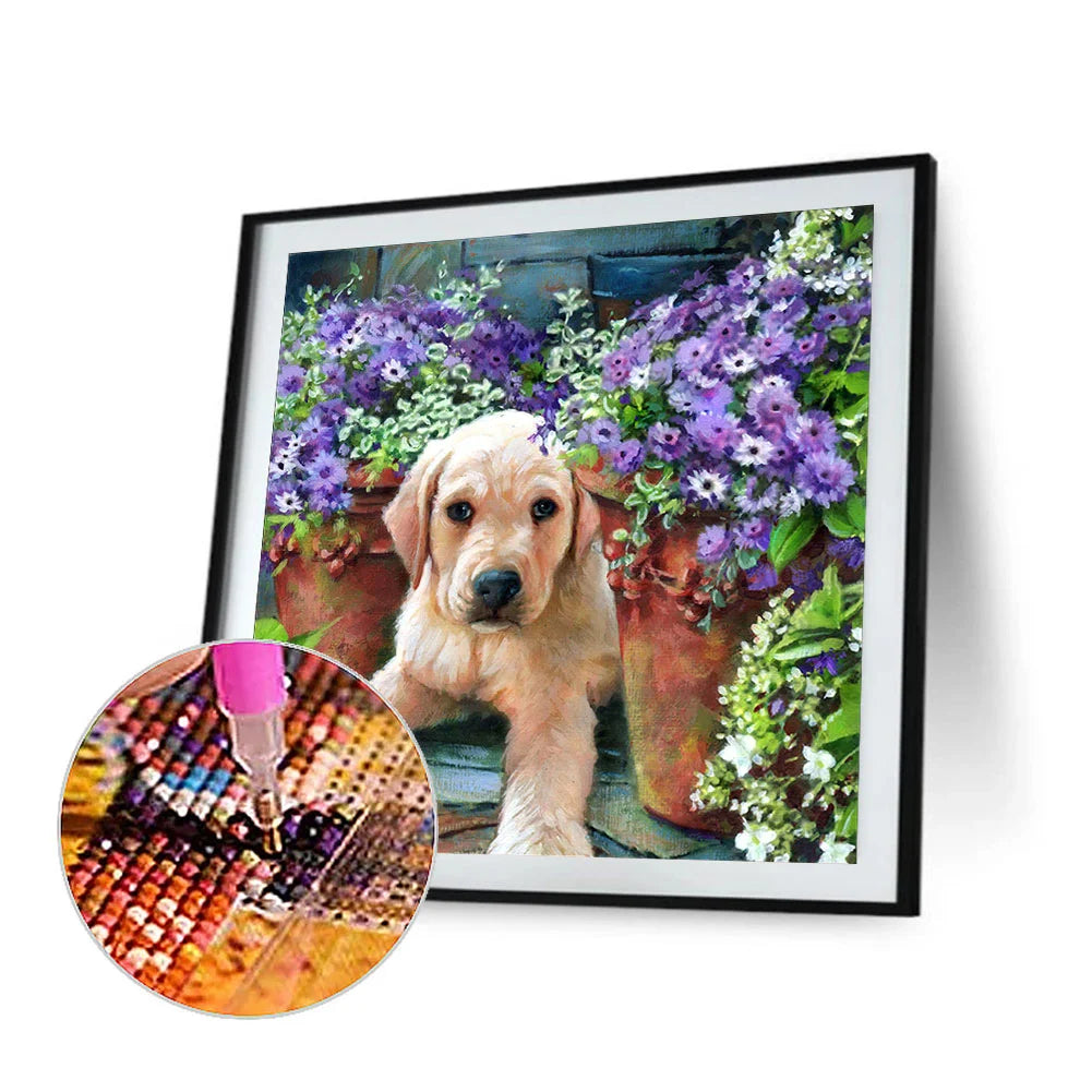 Purple Flower Dog Yellow Labrador | Diamond Painting