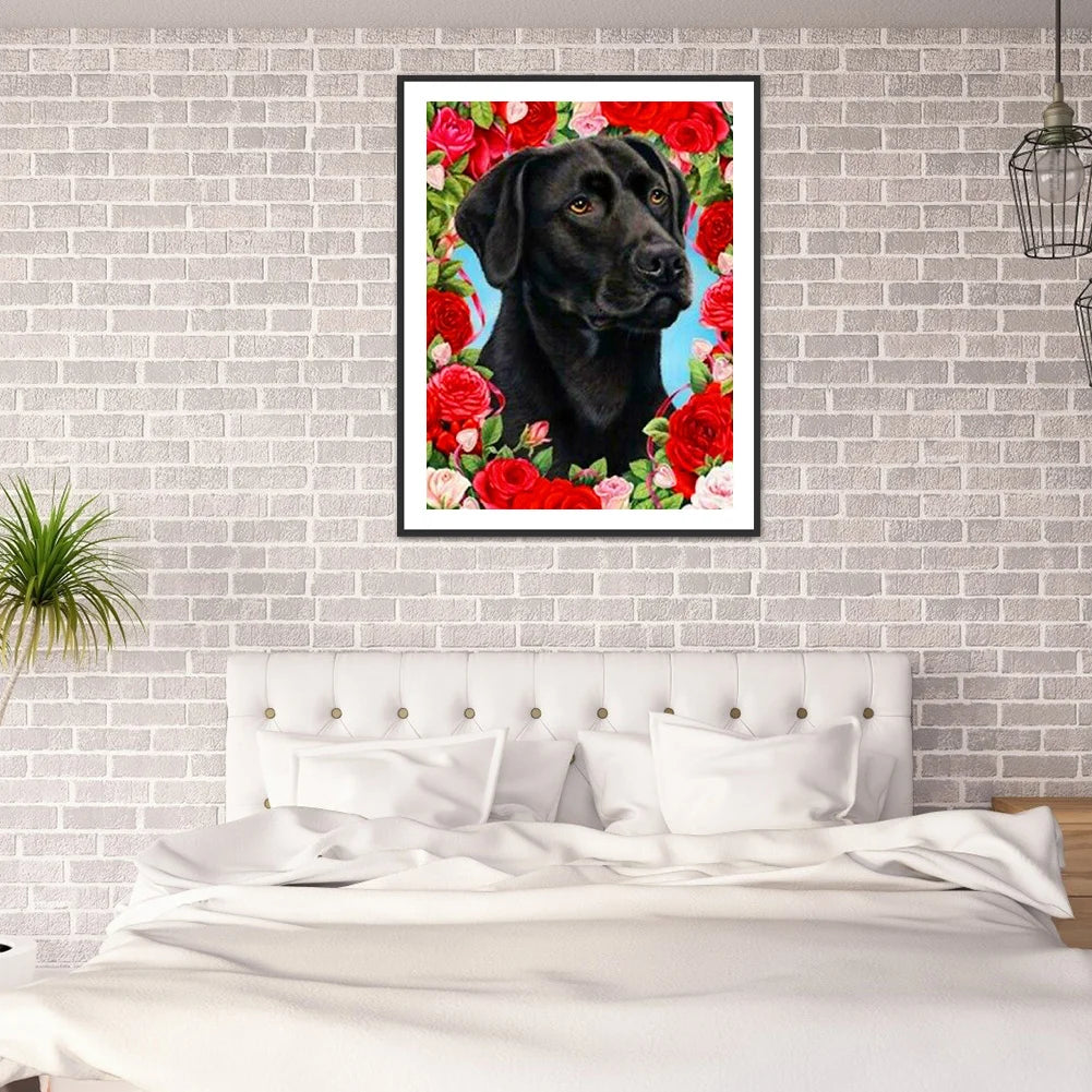 Flower Black Dog Labrador | Diamond Painting
