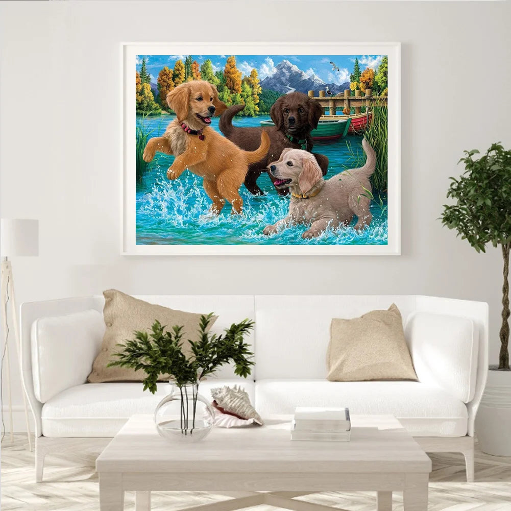 Black Chocolate Yellow Labrador Dog Is Playing | Diamond Painting