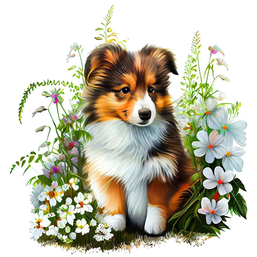 Flowers And Dog Australian Shepherd | Diamond Painting