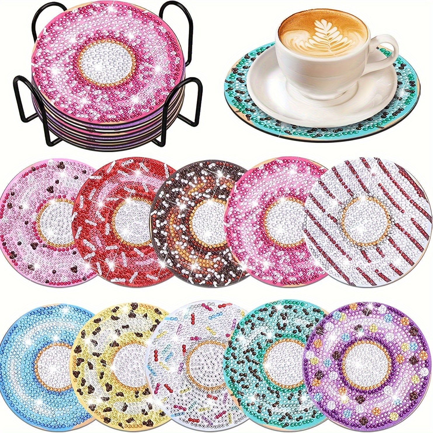 10pcs Colorful Donut Pattern Diamond Painting Coaster Kit DIY Round Coaster Handmade Artwork Diamond Art Kit Holiday Gift Home Kitchen Decoration Gift For Family And Friends Size 10cm10cm393in393in