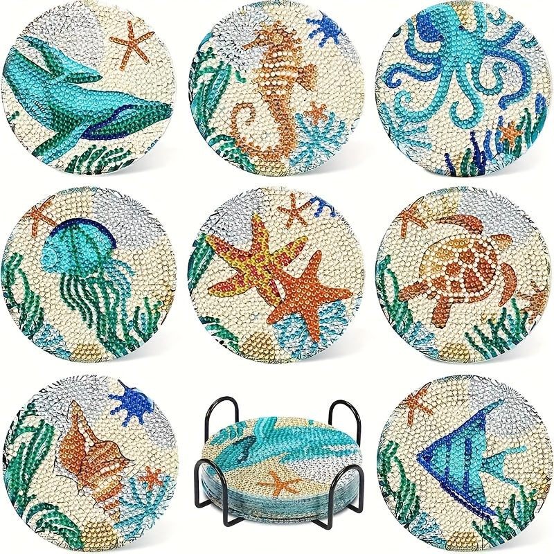 8pcsset 10x10cm 394x394inch Diamond Painting Kit  Diamond Painting Coasters With Holder  DIY White Undersea World Coasters  Can Be Washed With Water  For Beginners Adults  Art Craft Supplies