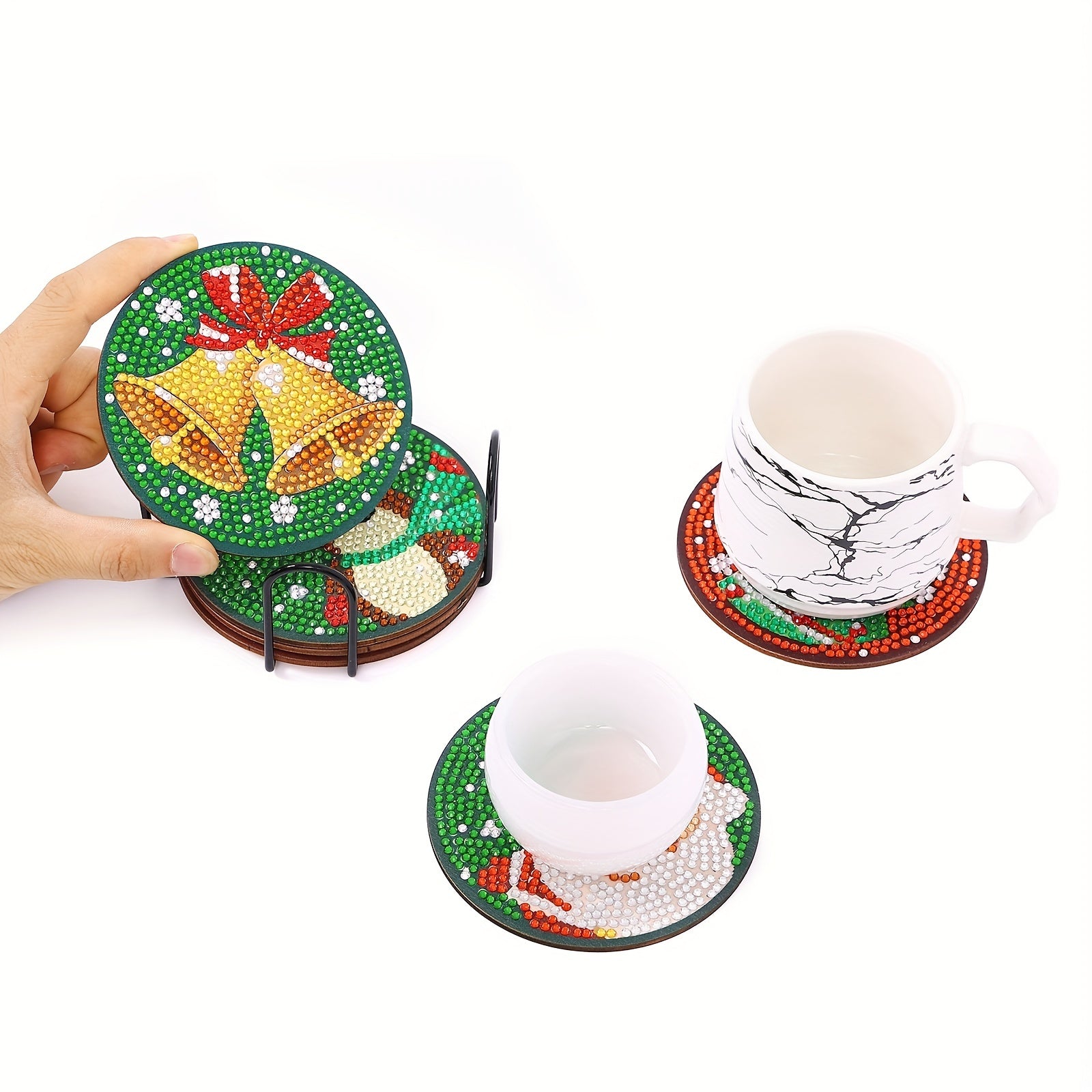 6pcs Christmas Artificial Diamond Art Coasters DIY Christmas Diamond Painting Coasters With Holder Cartoon Santa Claus Reindeer Snowman Mats For Kitchen Decor Beginner Holiday Gift Giving Supplies