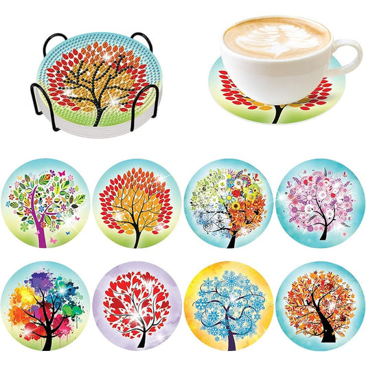 Diy 8pcs/set Tree  Diamond Painting Coasters with Holder