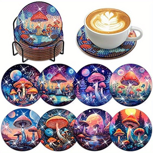 Diy 8pcs/set Mushroom  Diamond Painting Coasters with Holder