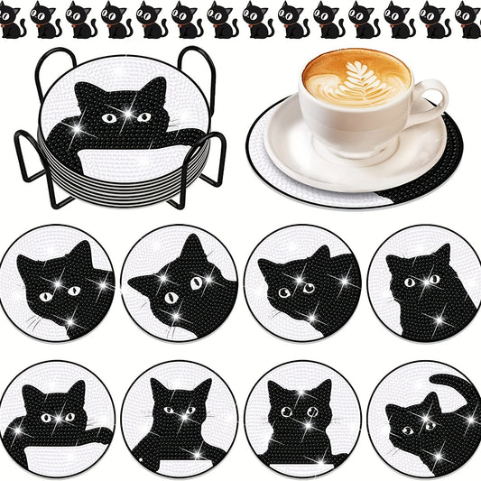 Diy 8pcs/set  Cat  Diamond Painting Coasters with Holder
