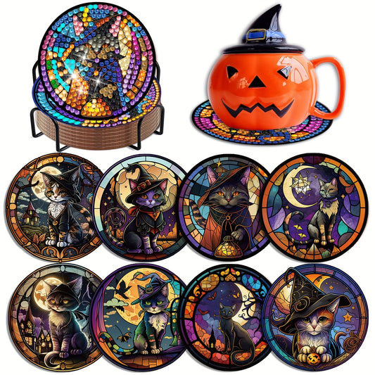 Diy 8pcs/set Cat Halloween  Diamond Painting Coasters with Holder