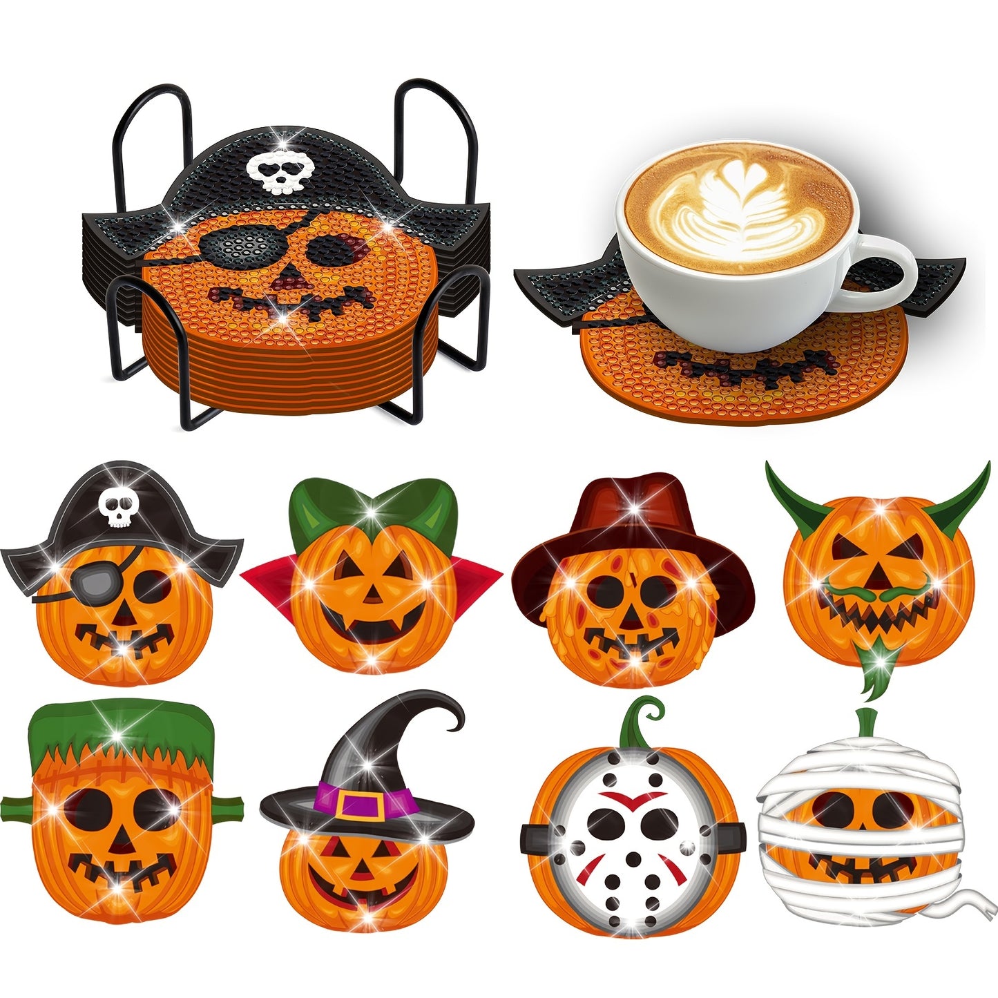 Diy 8pcs/set Pumpkin Halloween  Diamond Painting Coasters with Holder