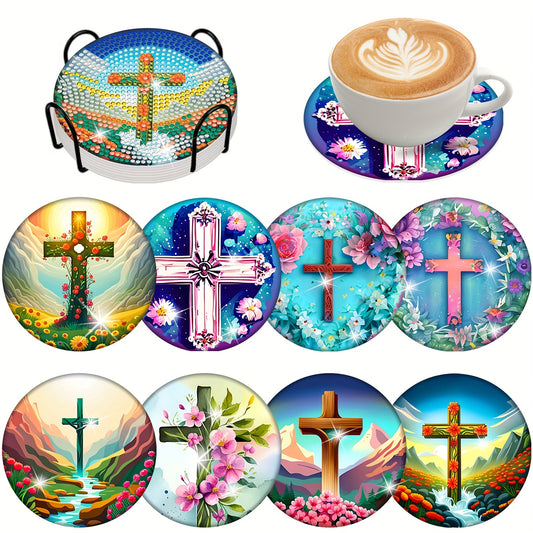 Diy 8pcs/set Crosses  Diamond Painting Coasters with Holder