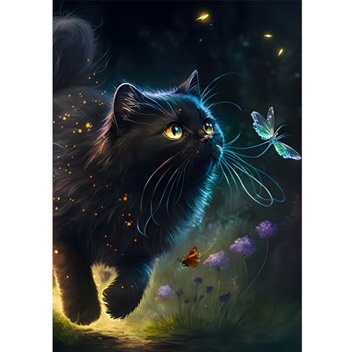 Black Midnight Cat with Butterfly | Diamond Painting