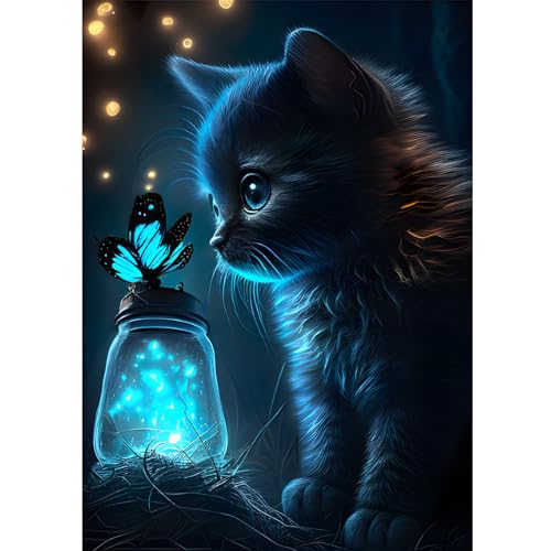 Black Midnight Cat with Butterfly | Diamond Painting