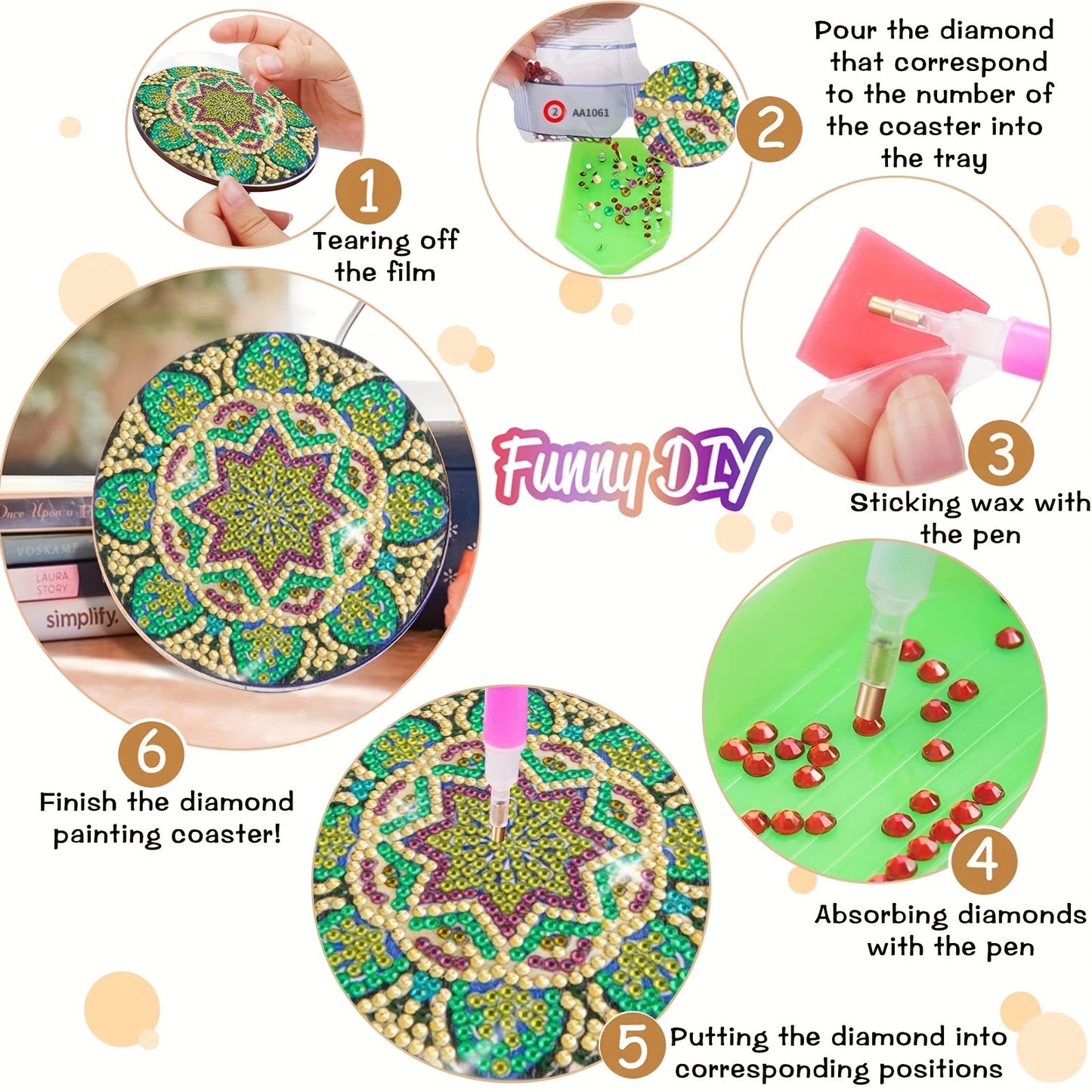 Diy 6pcs/set Mandala  Diamond Painting Coasters with Holder