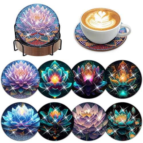 Diy 8pcs/set Lotus Flower  Diamond Painting Coasters with Holder