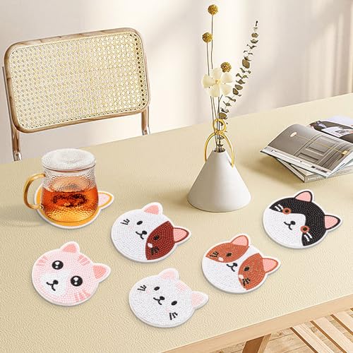 Diy 6pcs/set Cat  Diamond Painting Coasters with Holder