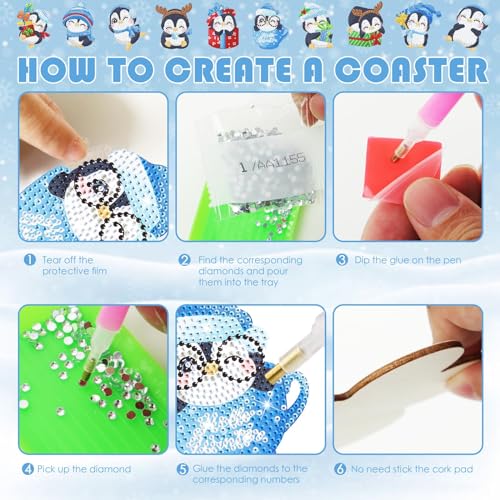 Diy 10pcs/set Penguin  Diamond Painting Coasters with Holder