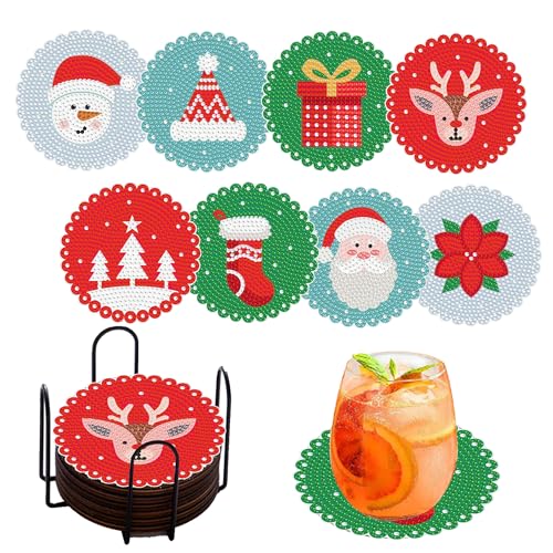 Diy 8pcs/set Mandala Christmas  Diamond Painting Coasters with Holder