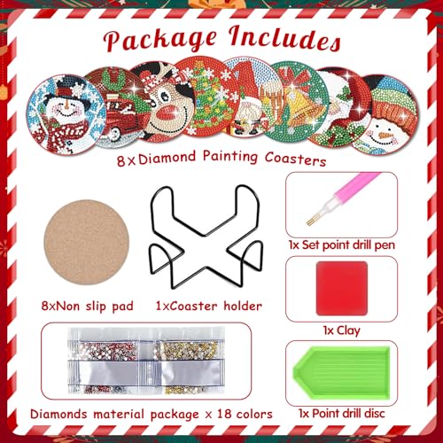 Diy 8pcs/set Christmas  Diamond Painting Coasters with Holder