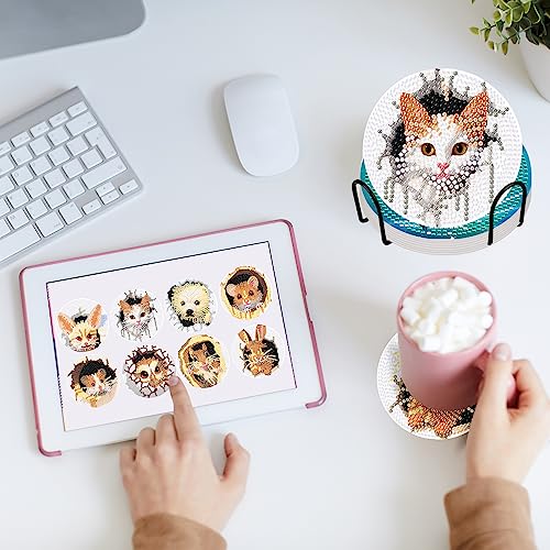 Diy 8pcs/set Animal  Diamond Painting Coasters with Holder