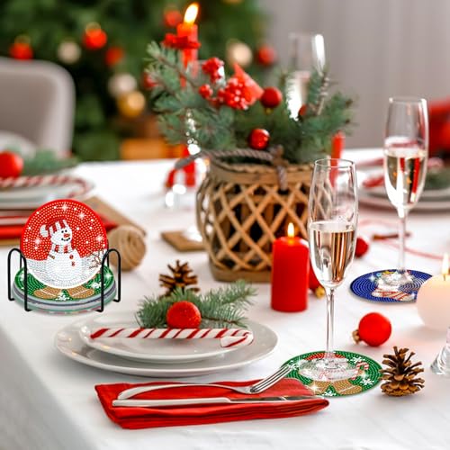 Diy 8pcs/set Christmas  Diamond Painting Coasters with Holder