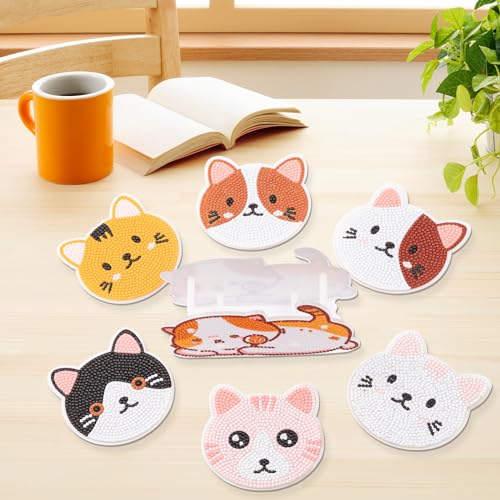 Diy 6pcs/set Cat  Diamond Painting Coasters with Holder