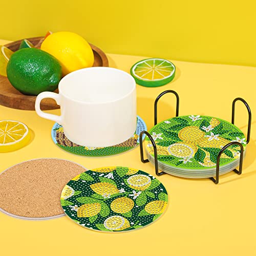 Diy 8pcs/set Summer Lemon  Diamond Painting Coasters with Holder