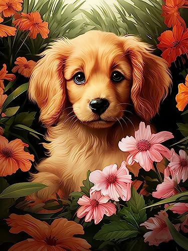 Golden Retriever Dog And Flower | Diamond Painting