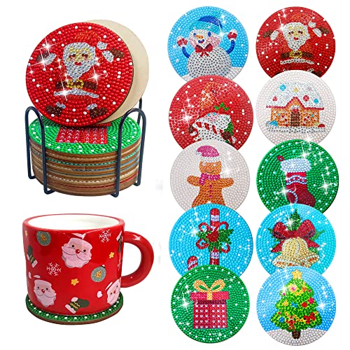 Diy 10pcs/set Christmas  Diamond Painting Coasters with Holder