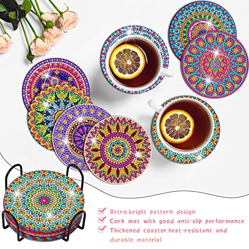 Diy 8pcs/set Mandala  Diamond Painting Coasters with Holder