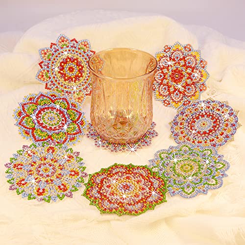 Diy 8pcs/set Mandala  Diamond Painting Coasters with Holder