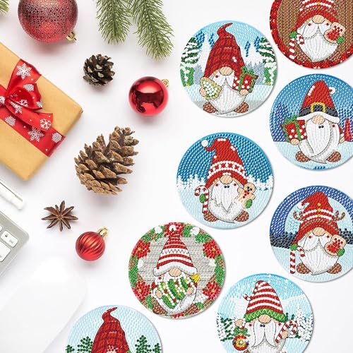 Diy 8pcs/set Gnome Christmas  Diamond Painting Coasters with Holder