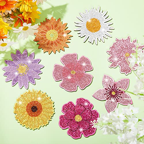 Diy 8pcs/set Flower  Diamond Painting Coasters with Holder