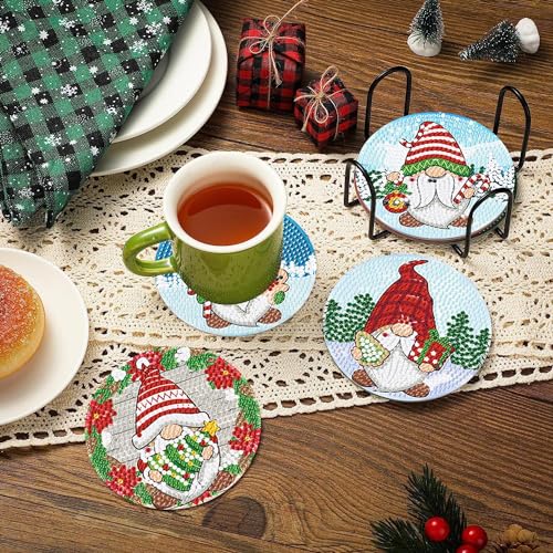 Diy 8pcs/set Gnome Christmas  Diamond Painting Coasters with Holder