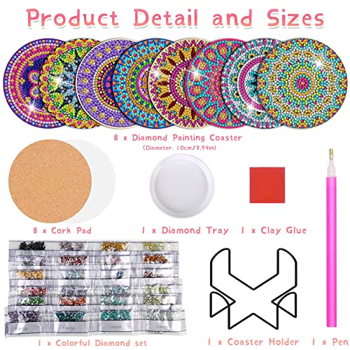 Diy 8pcs/set Mandala  Diamond Painting Coasters with Holder