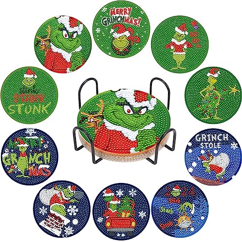 Diy 10pcs/set Christmas  Diamond Painting Coasters with Holder