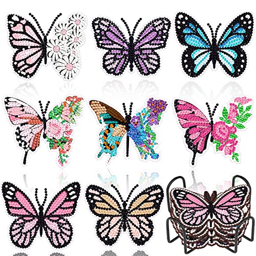 Diy 8pcs/set Butterfly Flower  Diamond Painting Coasters with Holder