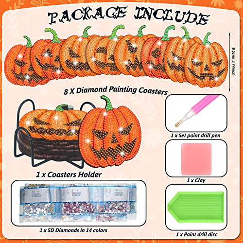 Diy 8pcs/set Pumpkin Halloween  Diamond Painting Coasters with Holder