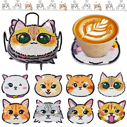 Diy 8pcs/set Cat  Diamond Painting Coasters with Holder