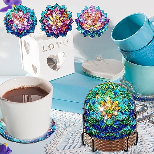 Diy 8pcs/set Lotus  Diamond Painting Coasters with Holder