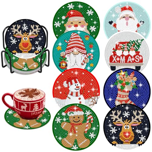 Diy 8pcs/set Christmas  Diamond Painting Coasters with Holder