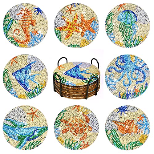 Diy 8pcs/set Ocean Life  Diamond Painting Coasters with Holder